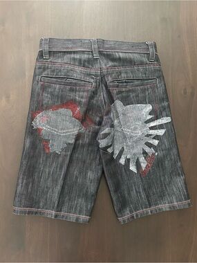 Y2K Avirex Black Graphic Denim Jorts Red Stitch Baggy Spellout Hip Hop Size 32”